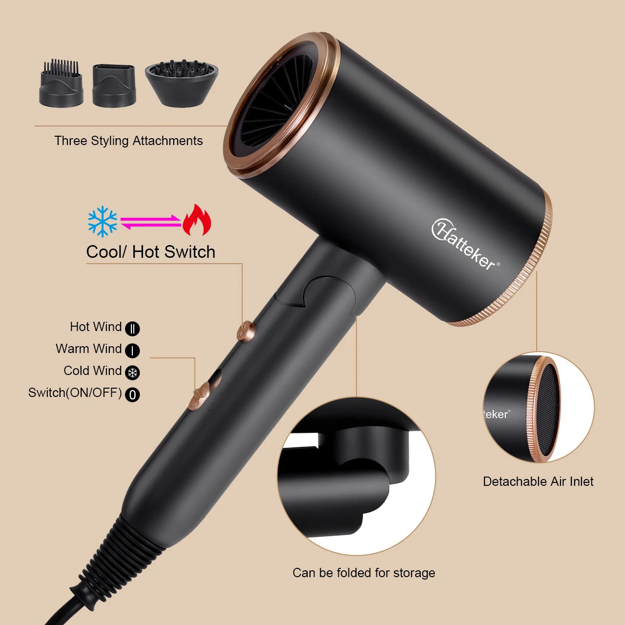 Hatteker Foldable Negative Ion Hair Dryer Student 3 Temperature Control Hair Blower Compact Portable Hairdryer for Students